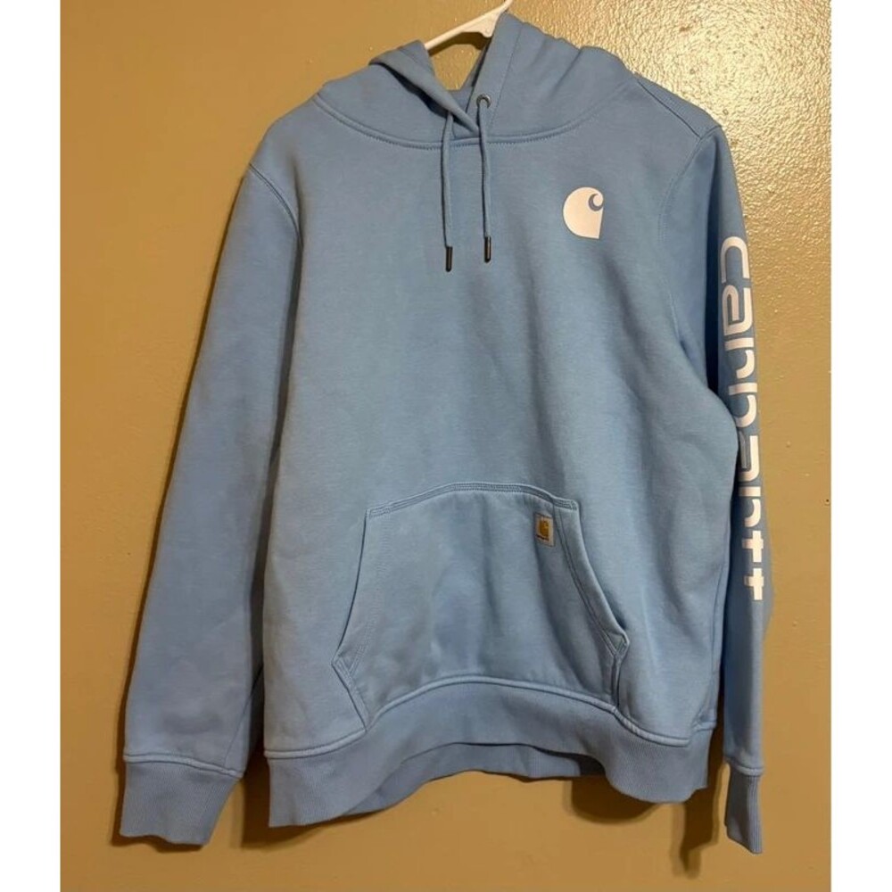 Sky Blue Women’s Carhartt Hoodie with White Lettering Size L